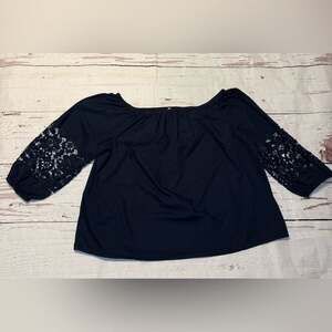 crown & ivy Navy Off-Shoulder Top with Lace Sleeves